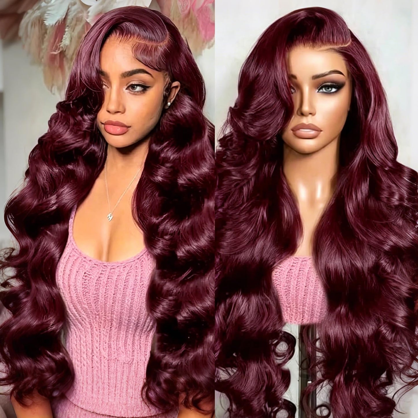 Trilumity Burgundy With Drawstring 99J Body Wave Human Hair - Burgundy Hair Replacement Wig