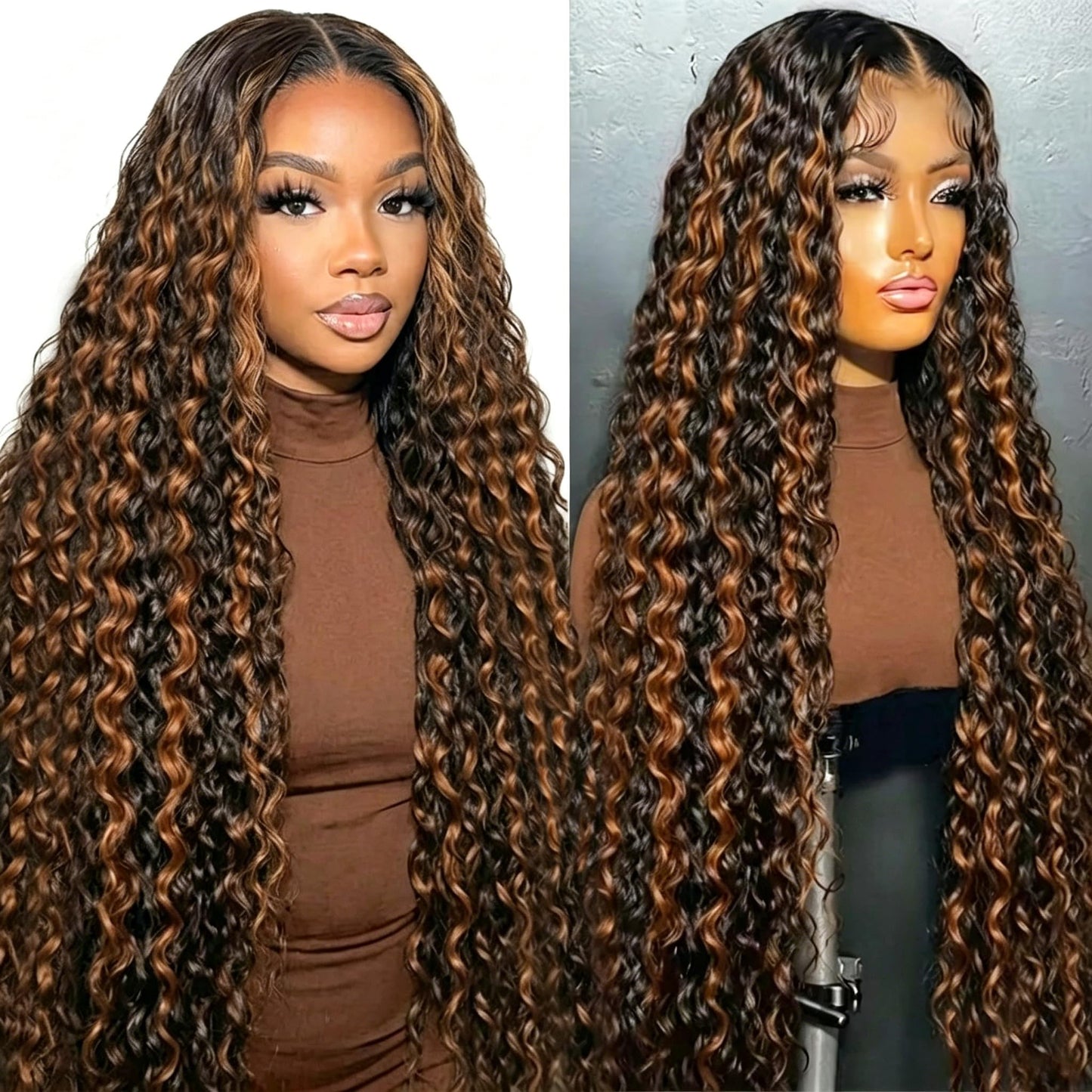 Trilumity 200 Density 1B/30 Highlight Deep Wave Human Hair - Natural Black Hair Replacement Wig