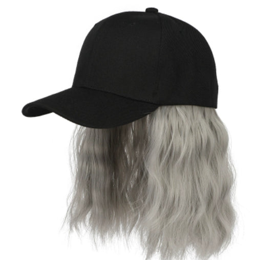 Trilumity Curly Baseball Cap Wig in Natural Black, styled detail