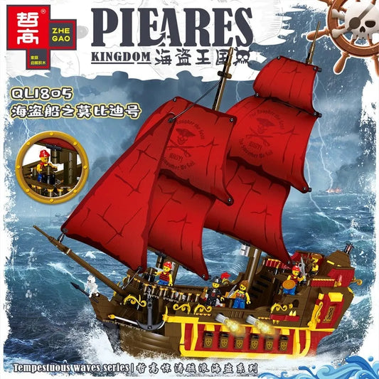 ZHEGAO MOC Building Block Set: 1805 Pirates Of The Caribbean Red Pirate Ship, Model QL1805