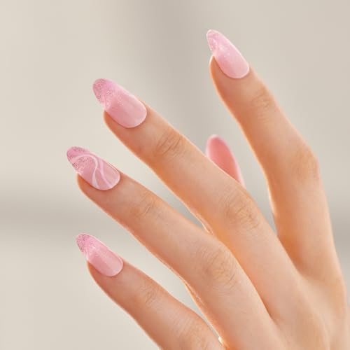 Trilumity Press On Nails - Trilumity Premium No Glue Mani Design Medium Almond Gel Reusable Set - Pink Press On Nails