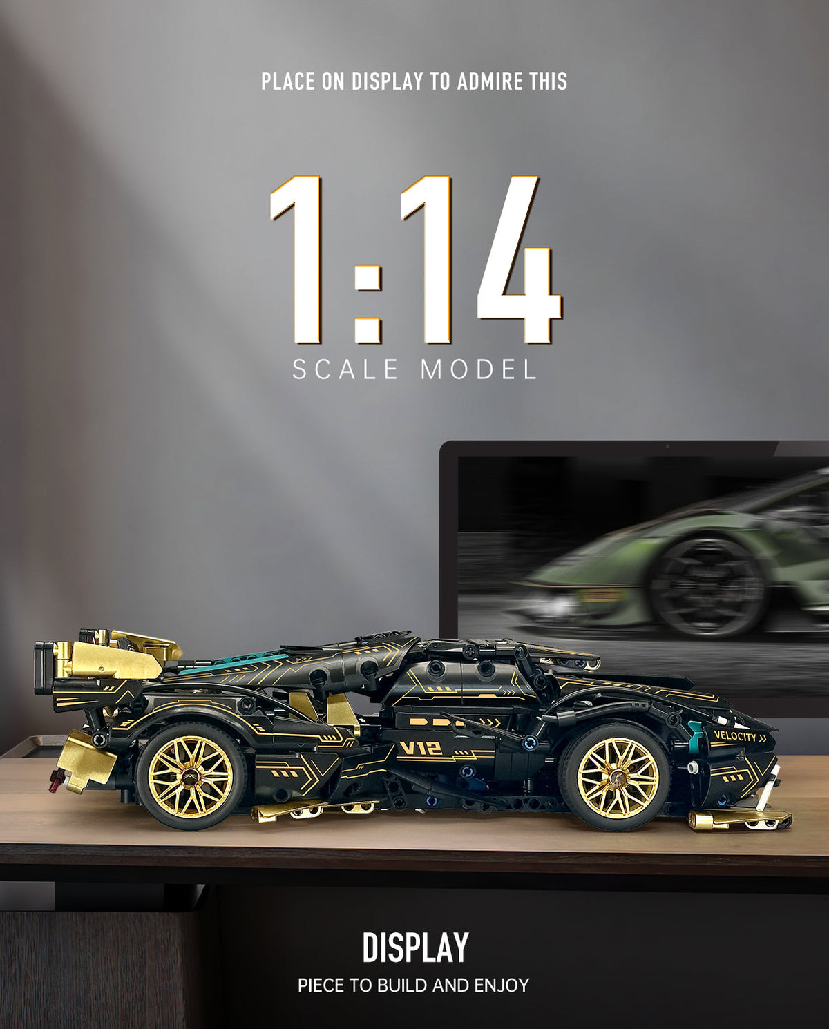 Trilumity Lamborghini V12 Black Sports Car MOC, 1:14 Car Model for Boys Men Building Block Set, 1,124-Piece