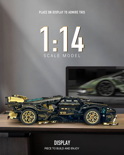 Trilumity Lamborghini V12 Black Sports Car MOC, 1:14 Car Model for Boys Men Building Block Set, 1,124-Piece