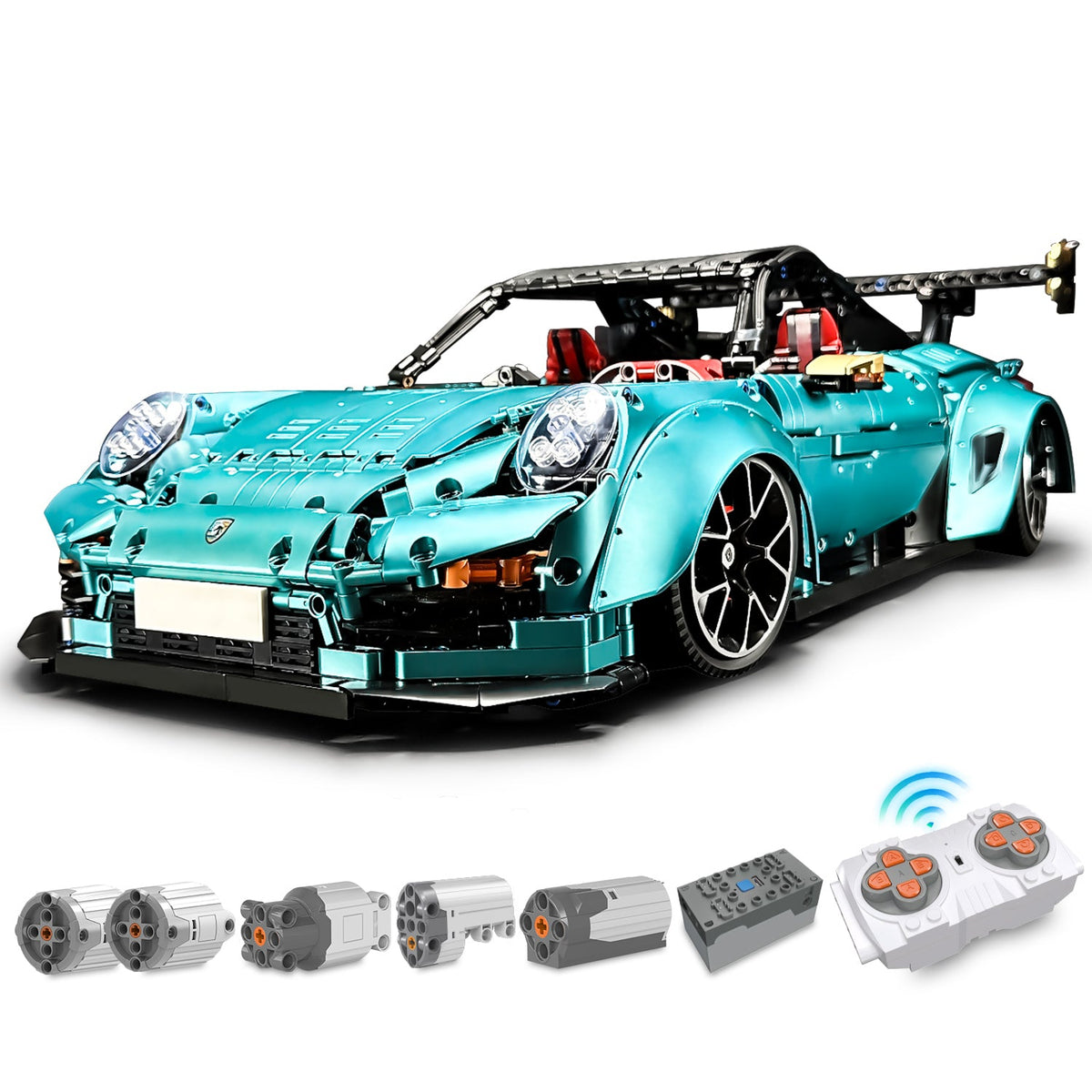Trilumity Motorized Building Block Set: 1: 8 Blue Porsche Gt2 RS with Electric Suspension Lifting, Electric Doors Remote Control Model (3389-Piece)