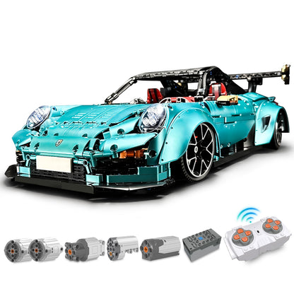 Trilumity Motorized Building Block Set: 1: 8 Blue Porsche Gt2 RS with Electric Suspension Lifting, Electric Doors Remote Control Model (3389-Piece)