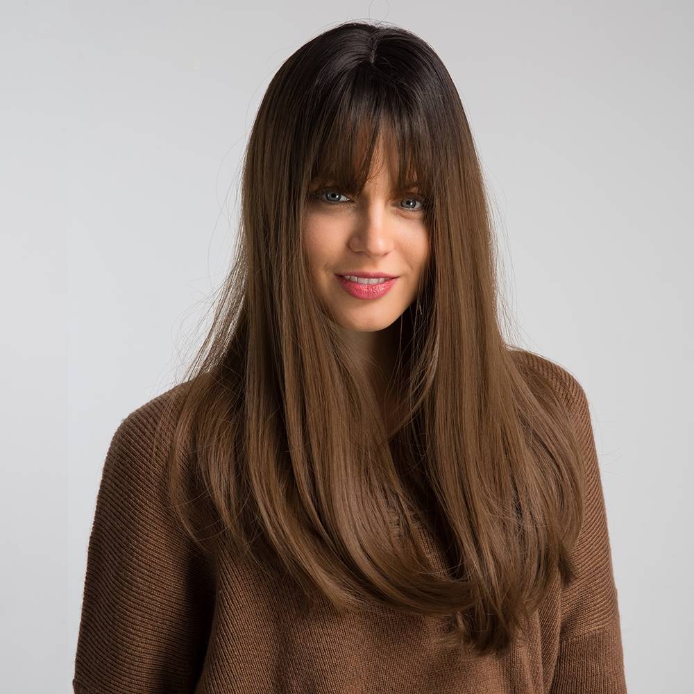 Trilumity Straight Wig with Bangs in Black, side profile
