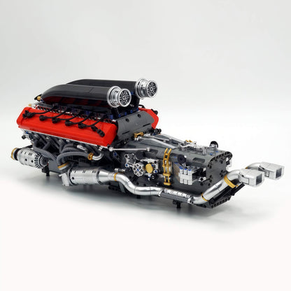 Trilumity Building Block Set: Motorized Large Ferrari Sp3 V12 Engine | 12-Cylinder Prancing Horse Engine Package (2155-Piece)