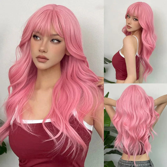 Trilumity curly wig with bangs in Pink, shown from the front on a model