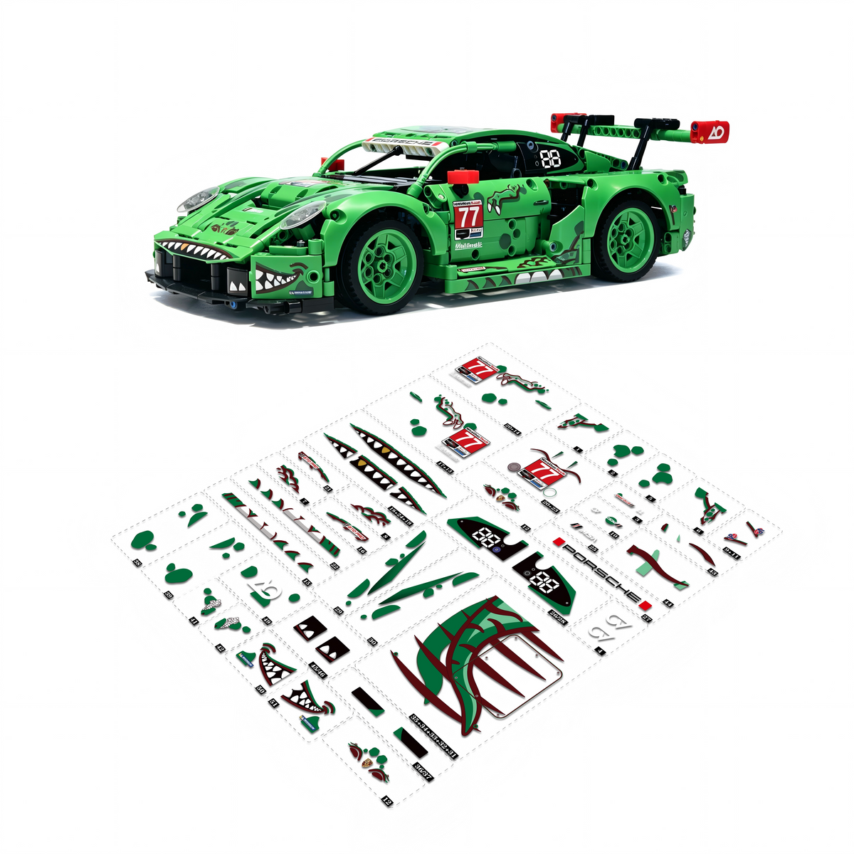 Trilumity Building Block Set: Porsche 911 GT3 R "Rexy" Ao Racing Car | Green & Pink Edition (1313-Piece)