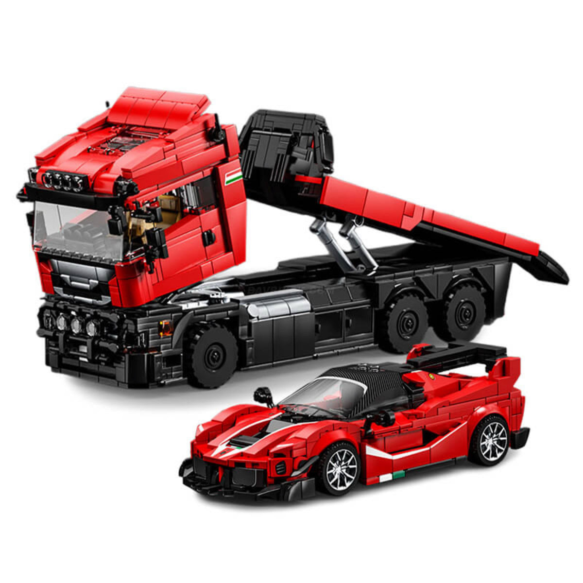 Trilumity Building Block Set: 1:24 Red Italian Hypercar & Scania Trailer Set (1728Piece)