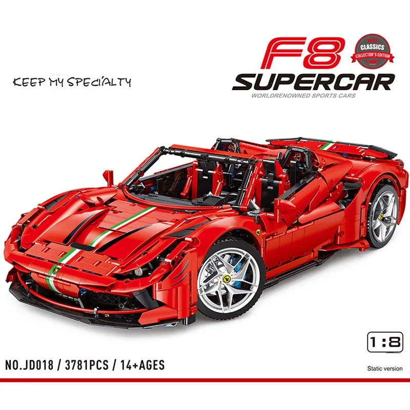 JieStar MOC Motorized Building Block Set: Ferrari F8 Racing Sports Car, Model JD018