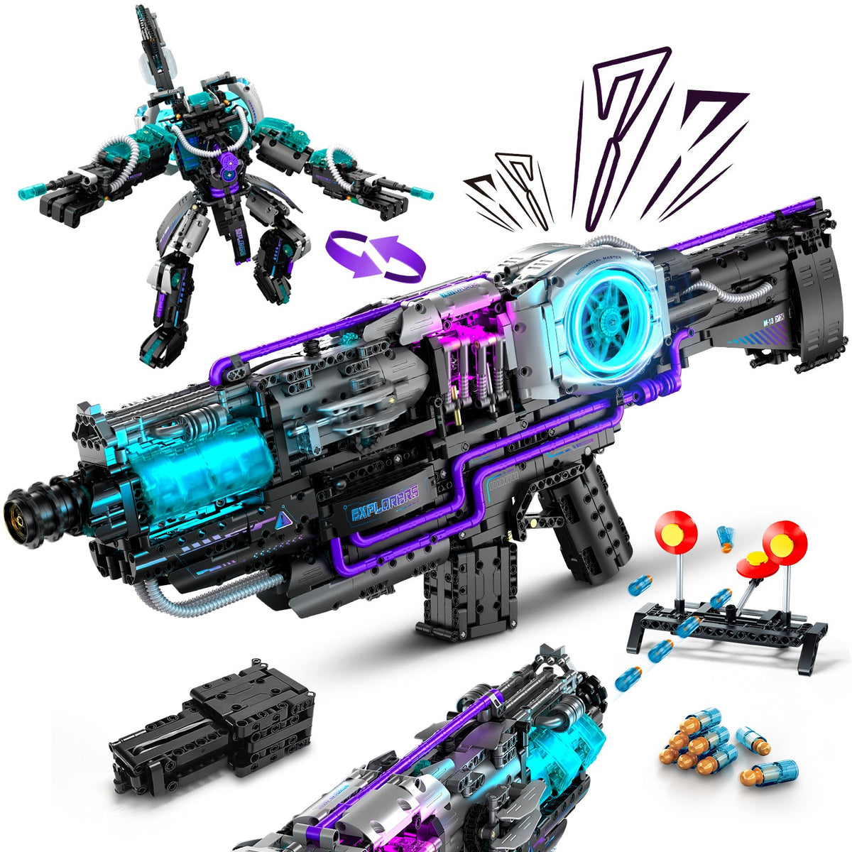 Trilumity 2 in 1 Transforming Electric Space Gun and Robot Building Toy, Futuristic Mechanical Interactions and Building Block Set, 3,037-Piece