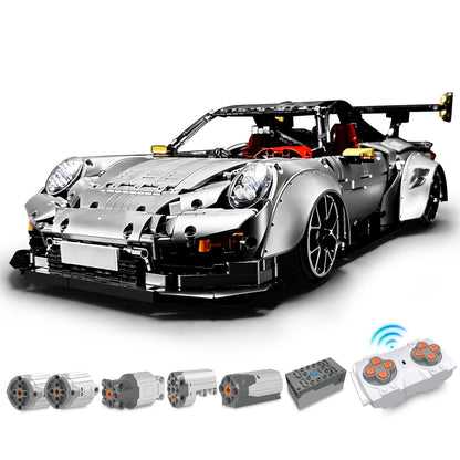 Trilumity Motorized Building Block Set: 1: 8 Sliver Porsche Gt2 RS with Electric Suspension Lifting, Electric Doors Remote Control Model (3389-Piece)