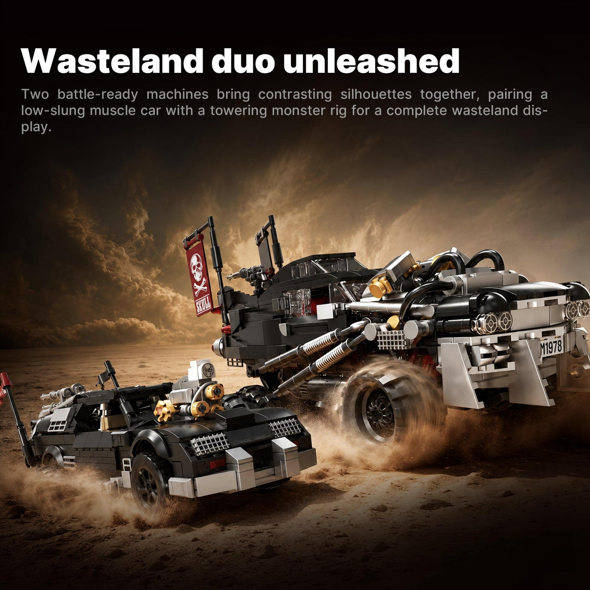 Trilumity Building Block Set: Wasteland Pursuit Set | Post-Apocalyptic Muscle Car & Monster Rig (1726-Piece)