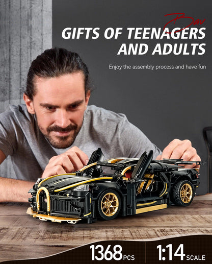 Trilumity Black Bugatti Sets, Toy Sports Car for Boys Men Teens Building Block Set, 1:14 Scale, Remote Control, 1,368-Piece