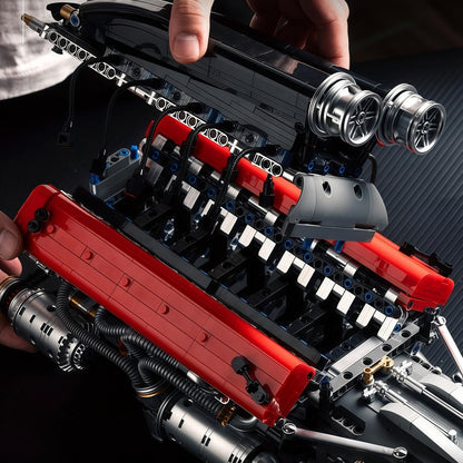 Trilumity Building Block Set: Motorized Large Ferrari Sp3 V12 Engine | 12-Cylinder Prancing Horse Engine Package (2155-Piece)