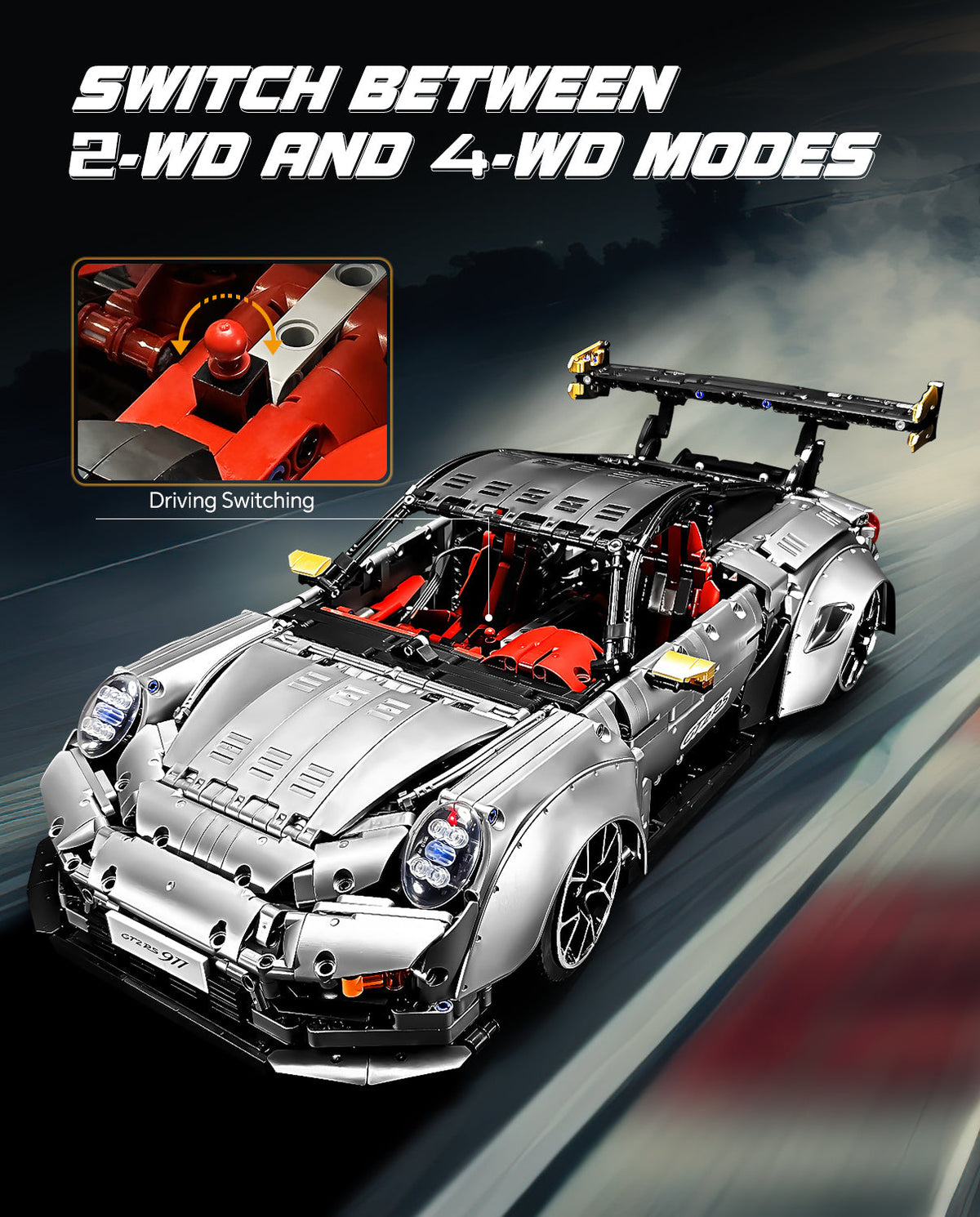 Trilumity Motorized Building Block Set: 1: 8 Sliver Porsche Gt2 RS with Electric Suspension Lifting, Electric Doors Remote Control Model (3389-Piece)