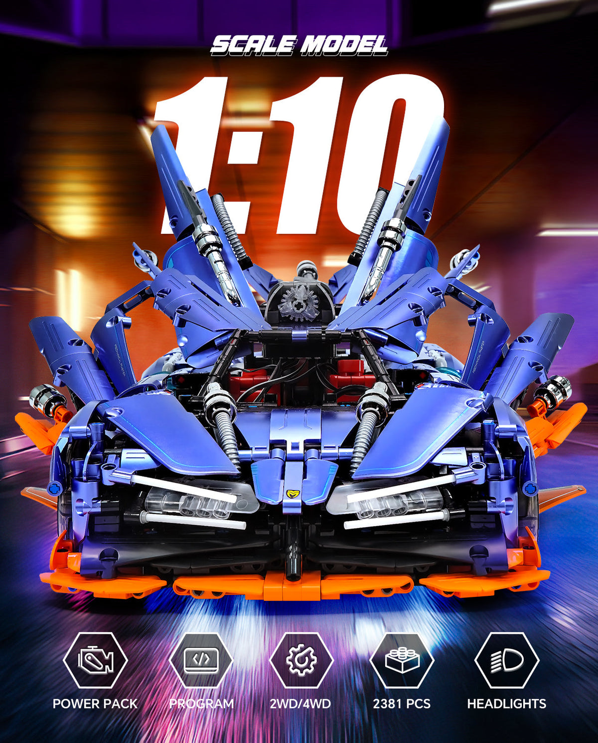 Trilumity Building Block Set: 1: 10 Apollo X1 Modified Version with Remote Control, Drift, Color Light Wheels, Jet Propulsion, Armor Explosion Mode