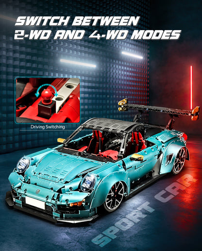 Trilumity Motorized Building Block Set: 1: 8 Blue Porsche Gt2 RS with Electric Suspension Lifting, Electric Doors Remote Control Model (3389-Piece)
