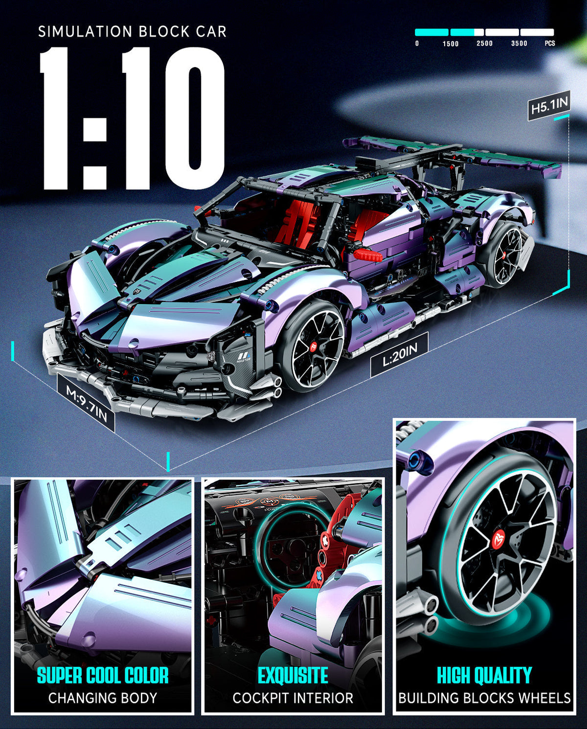 Trilumity Motorized Building Block Set: 1: 10 Apollo Super Plated Sports Car, Remote Control Drift, Electric Gullwing Doors, 2036-Piece