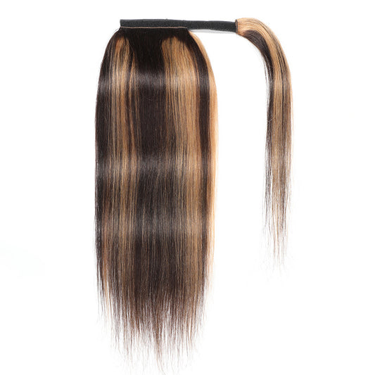 Trilumity straight ponytail in Dark Brown with Honey Blonde highlights, wrap-around clip shown
