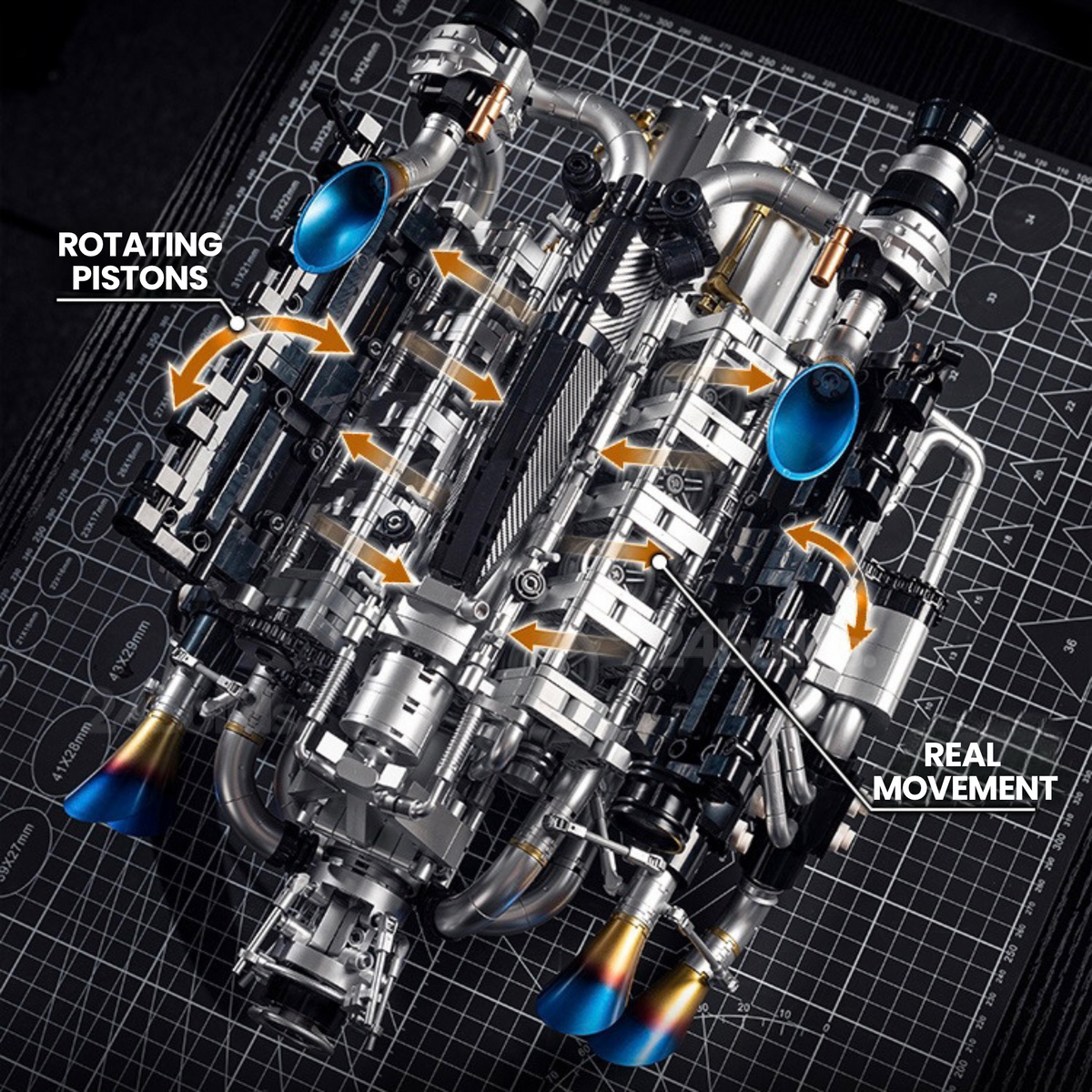 Trilumity Building Block Set: Burnt Blue V8 Performance Engine | Premium Motorised Engine Model | 1:8 Scale | 2774-Piece