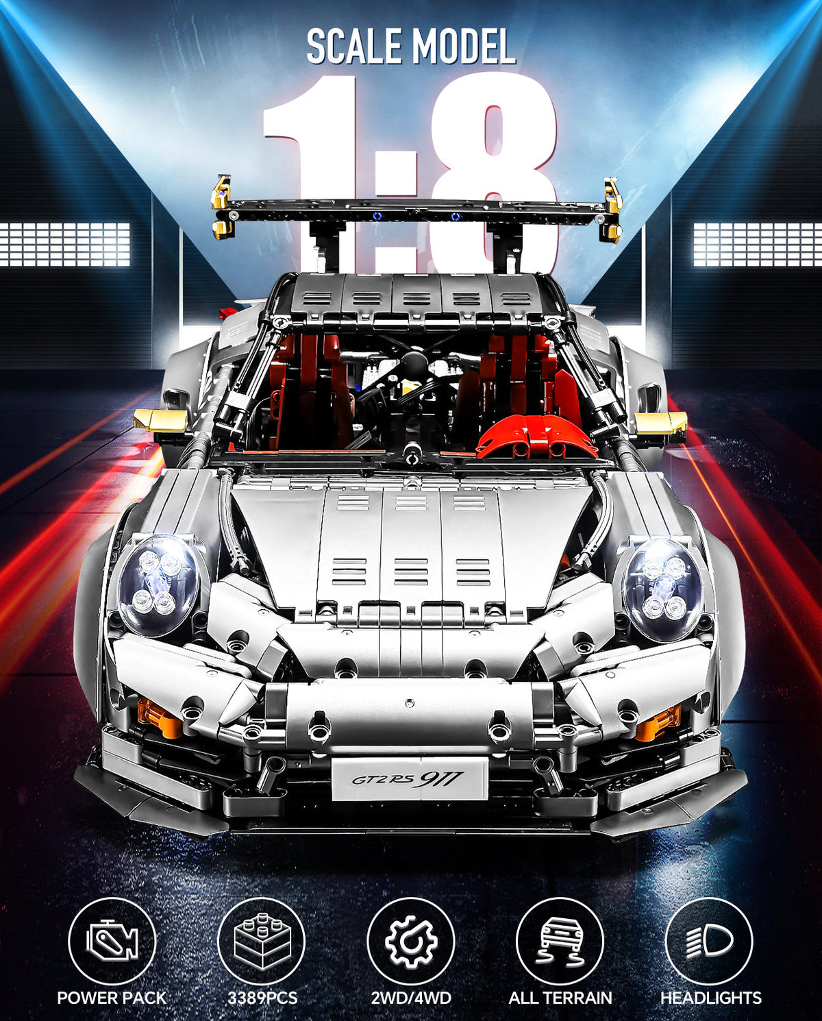 Trilumity Motorized Building Block Set: 1: 8 Sliver Porsche Gt2 RS with Electric Suspension Lifting, Electric Doors Remote Control Model (3389-Piece)