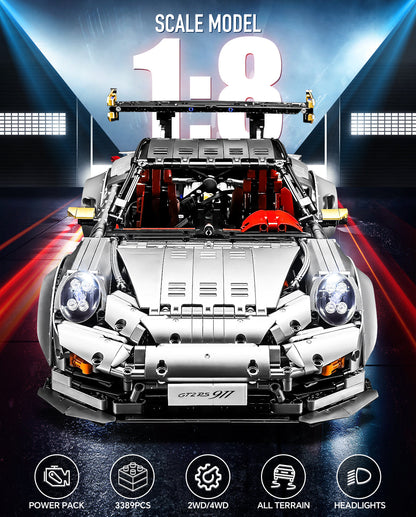 Trilumity Motorized Building Block Set: 1: 8 Sliver Porsche Gt2 RS with Electric Suspension Lifting, Electric Doors Remote Control Model (3389-Piece)