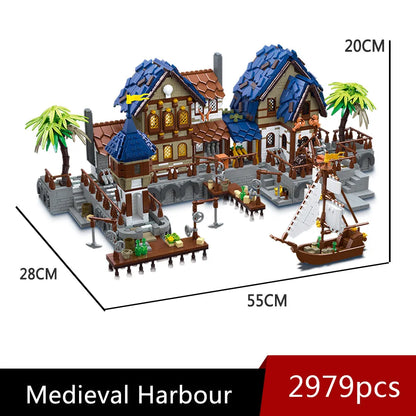 JieStar MOC Building Block Set: Experts MOC Medieval Town Harbor, Model 89152