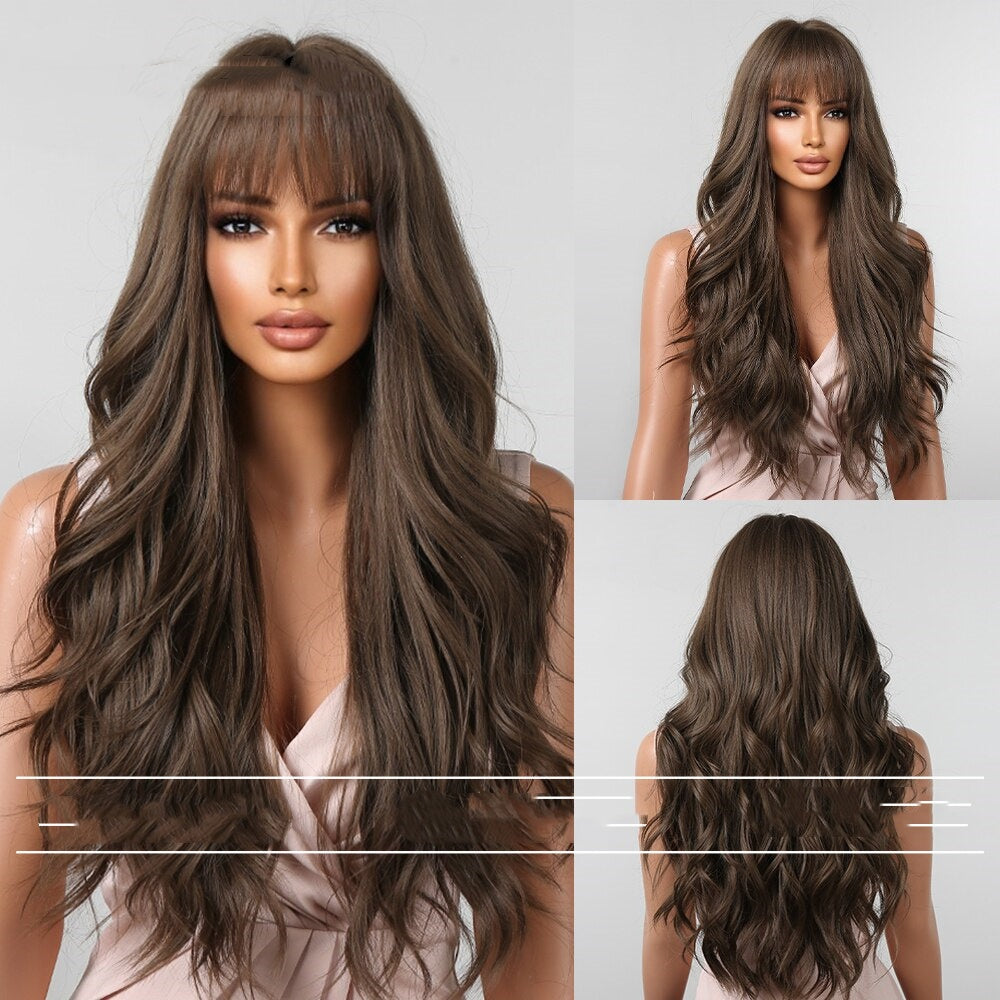 Trilumity Loose Wave Wig with Bangs in Black, side profile