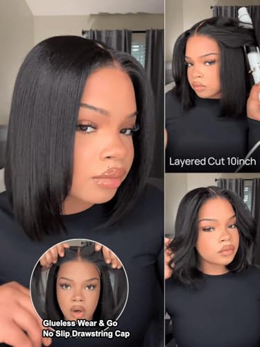 Trilumity Layered Yaki Straight Bob Straight 100% Human Hair - Natural Black Hair Replacement Wig