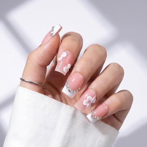 Trilumity French Reusable Salon Quality Short Square Acrylic - Pink Press On Nails