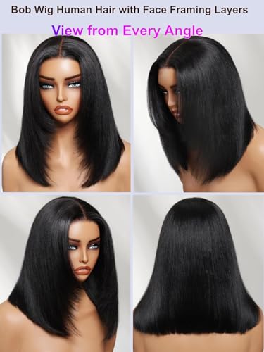 Trilumity Layered Yaki Straight Bob Straight 100% Human Hair - Natural Black Hair Replacement Wig