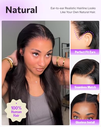 13x6 Glueless Wigs Human Hair Pre Plucked Pre Cut Upgraded Ear-to-Ear HD Lace Front Wigs Human Hair Glueless Wear and Go Drawstring Straight Frontal Wig with Tapes 220% Density 20 Inch