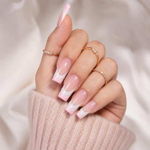Trilumity Pink 3D Wave French Medium Square Soft Gel - Nude Pink Press On Nails