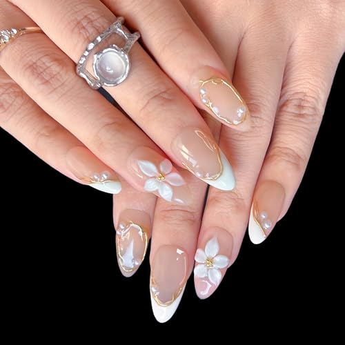 Trilumity 3D White Pearl Short Almond Acrylic - White Press On Nails