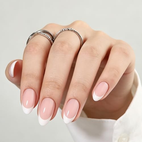 Trilumity Glossy French Tip Reusable Short Almond Soft Gel - Nude Pink Press On Nails