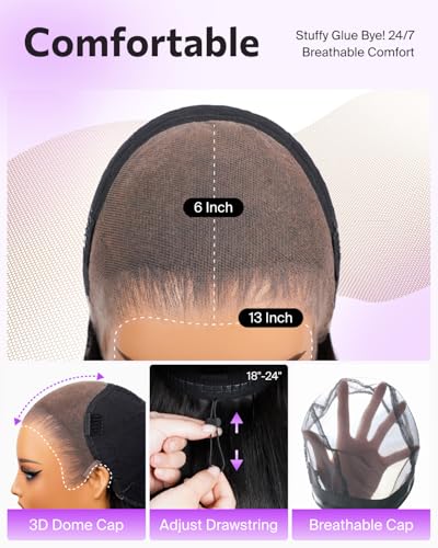 13x6 Glueless Wigs Human Hair Pre Plucked Pre Cut Upgraded Ear-to-Ear HD Lace Front Wigs Human Hair Glueless Wear and Go Drawstring Straight Frontal Wig with Tapes 220% Density 20 Inch