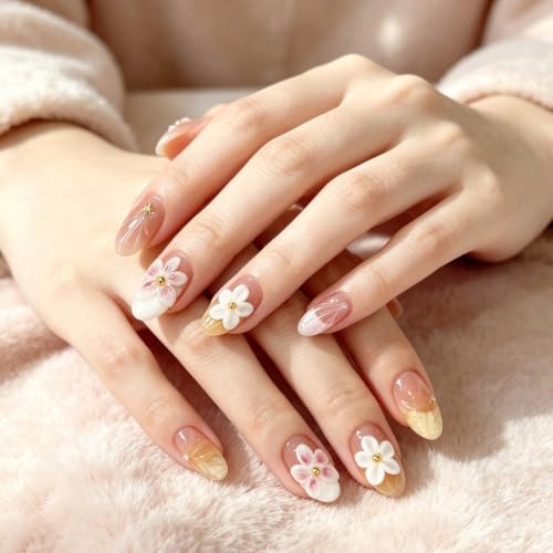 Trilumity French Shaped Decorated With Short Almond Acrylic - Pink Press On Nails