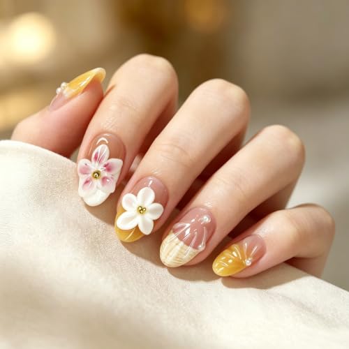 Trilumity French Shaped Decorated With Short Almond Acrylic - Pink Press On Nails