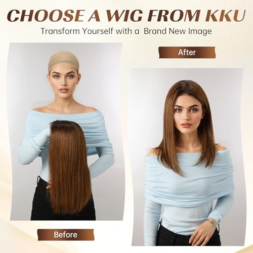 KKU 16 Inch Brown Mixed Blonde Human Hair Wigs for Women,5x5 Lace Front Wigs Human Hair,wigs for women