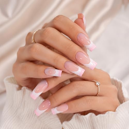 Trilumity Pink 3D Wave French Medium Square Soft Gel - Nude Pink Press On Nails
