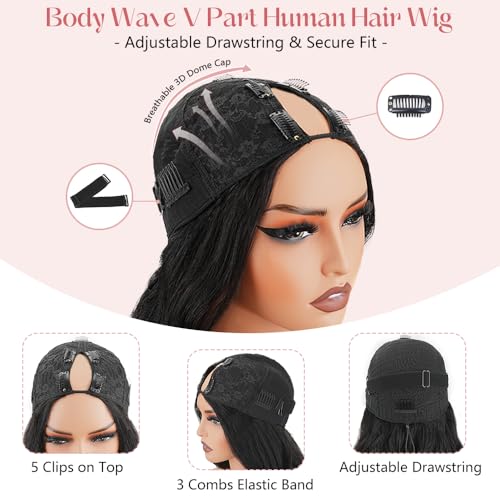 Trilumity V Part Glueless Body Wave Human Hair - Natural Black Hair Replacement Wig