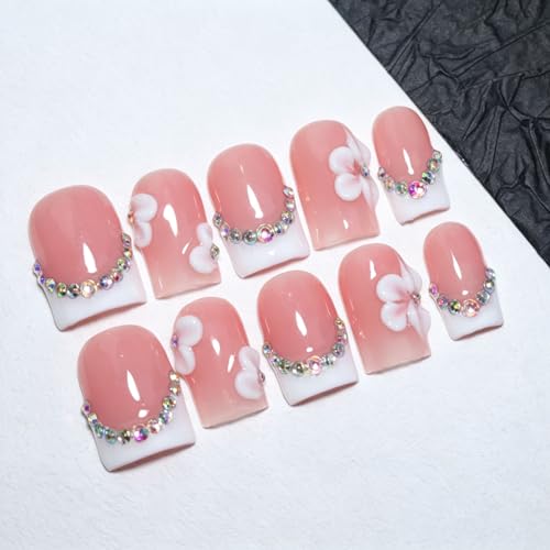 Trilumity French Reusable Salon Quality Short Square Acrylic - Pink Press On Nails