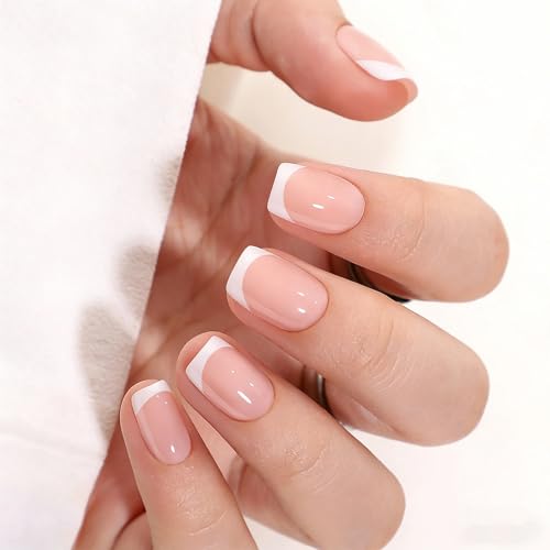 Trilumity Glossy French Tip Reusable Short Square Soft Gel - Nude Pink Press On Nails