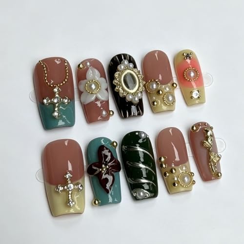 Trilumity Thick With 3D Rhinestones Short Square Acrylic - Gold Press On Nails