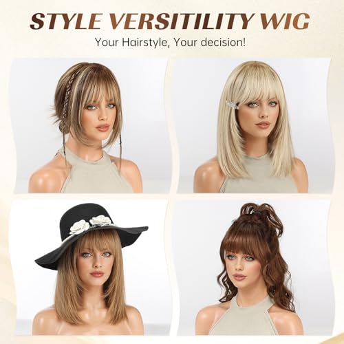 KKU 14 Inch Brown Mixed Blonde Layered Straight Human Hair Wig with Bangs, Human Hair Wigs for Women, Wear Natural Realism for Daily Use