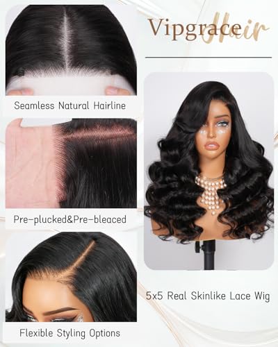 Trilumity Skinlike 5X5 Closure 0.1Mm Body Wave Human Hair - Natural Black Hair Replacement Wig