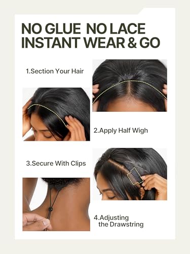 Trilumity Half Yaki Straight Human Hair - Natural Black Hair Replacement Wig