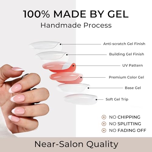 Trilumity Glossy French Tip Reusable Short Almond Soft Gel - Nude Pink Press On Nails